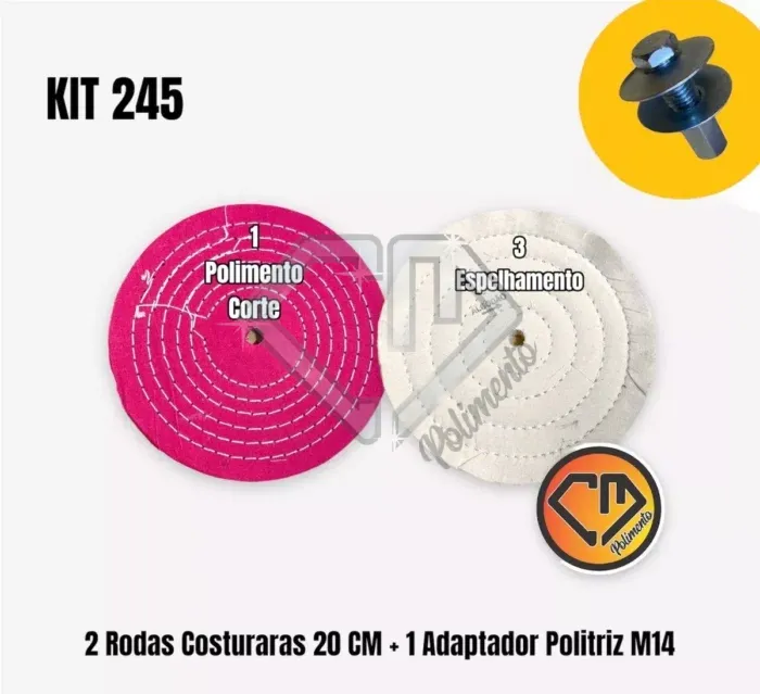 Kit 245 - 2 Rodas Polimento Espelhamento Inox Aluminio Latão Politriz M14 20CM - Imagem 2