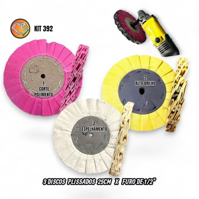 Kit 392 - 3 Peças Disco Plissado 25cm Polir Brilho Espelhar Aluminio Inox Tanque Aço Metais Rodas Armas Facas - Imagem 2