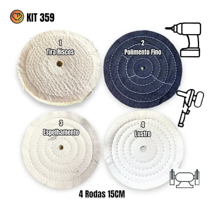 Kit 359 - 4 Boinas 15cm Polimento Completo Aluminio Inox Metais Tanque Rodas Armas Sela Baús - Imagem 2