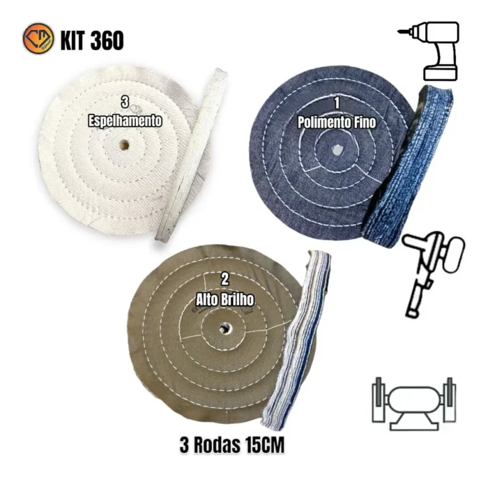 Kit 360 - 3 Boinas 15cm Polimento Metais Aluminio Inox Armas Sela Latão Rodas Baús Facas - Imagem 2